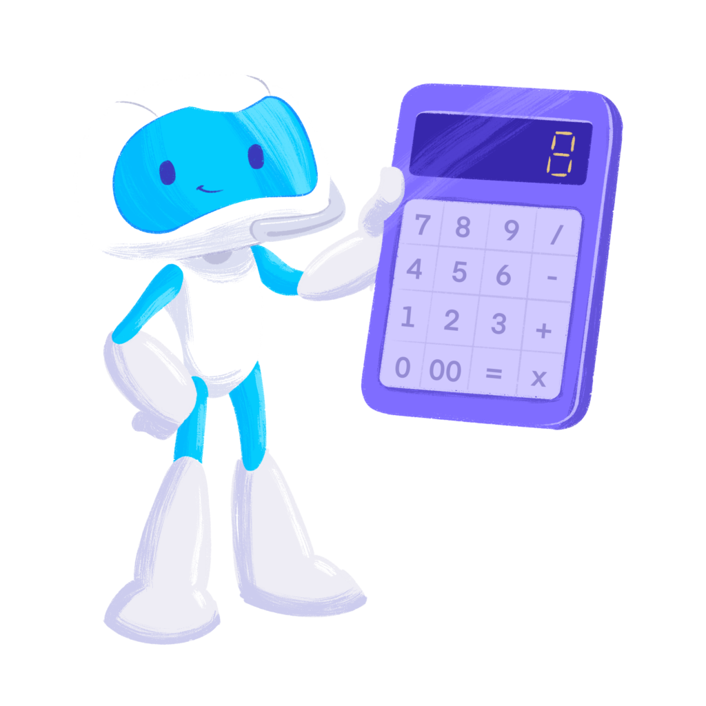 duoplane robot mascot holding a purple calculator
