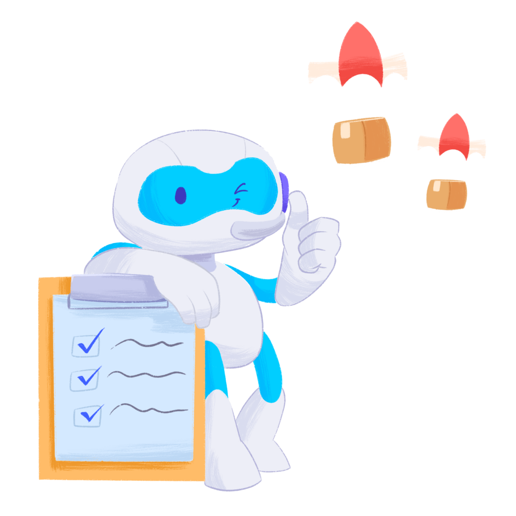 duoplane mascot leaning on a checklist with packages being parachuted in the background to represent automation