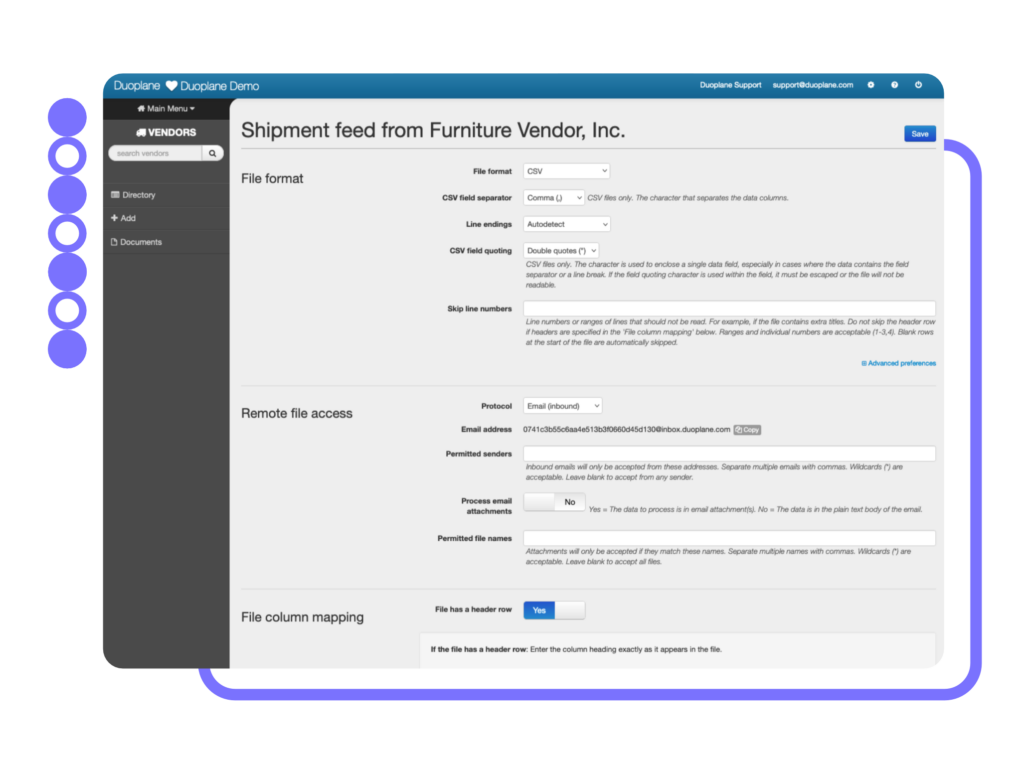 screenshot of duoplane app shipment feed settings