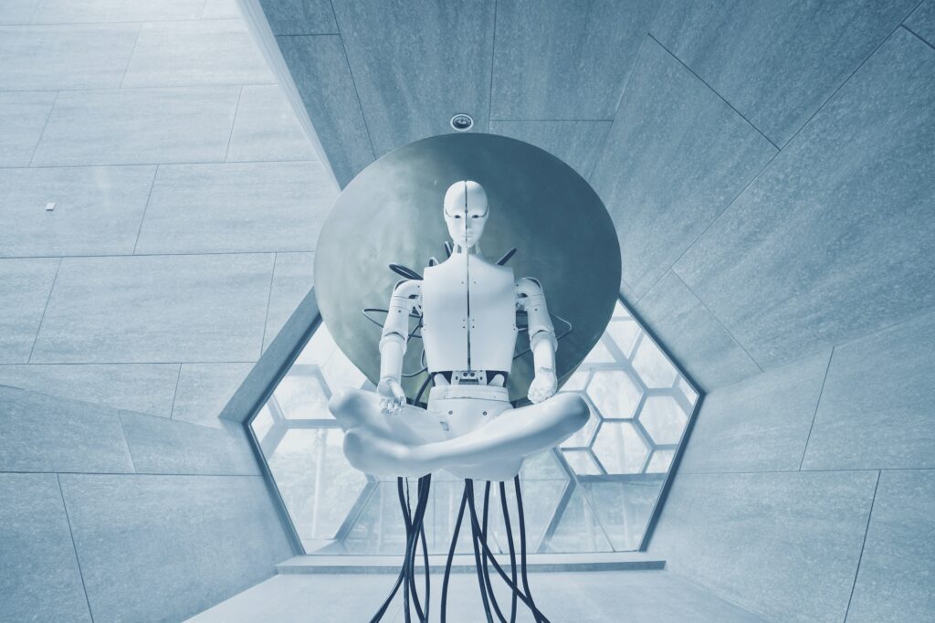 AI robot meditating in a concrete experimental chamber with glass window